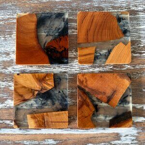 Square Clear Black Resin River Wood Drink Coasters Set of 4 Housewarming Gift